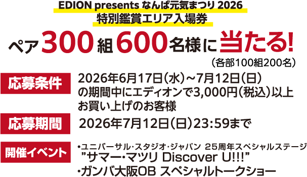 EDION presents なんば元気まつり 2026 特別鑑賞エリア入場券 ペア300組600名様に当たる