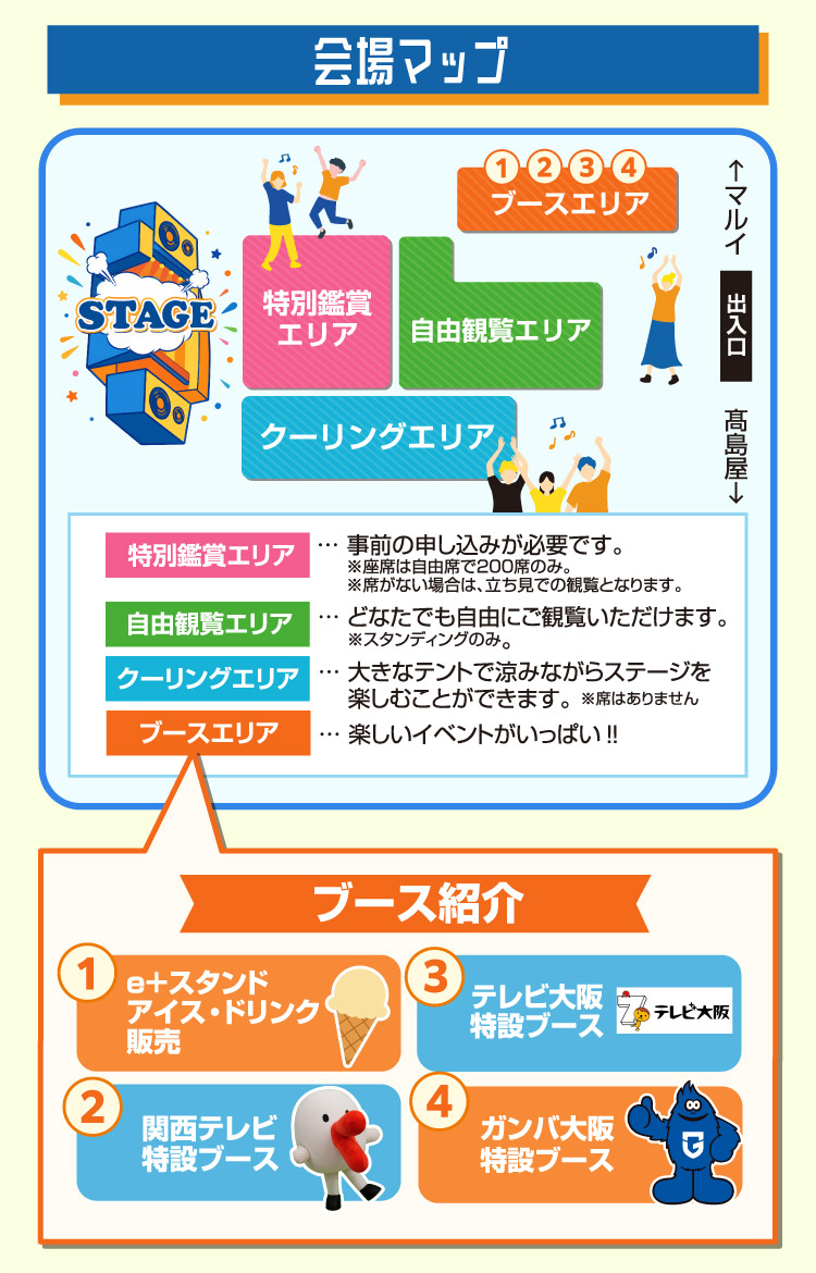 会場マップ 特別鑑賞エリア 自由観覧エリア クーリングエリア ブースエリア アイス・ドリンク販売 テレビ大阪特設ブース 関西テレビハチエモングッズ販売 ガンバ大阪特設ブース